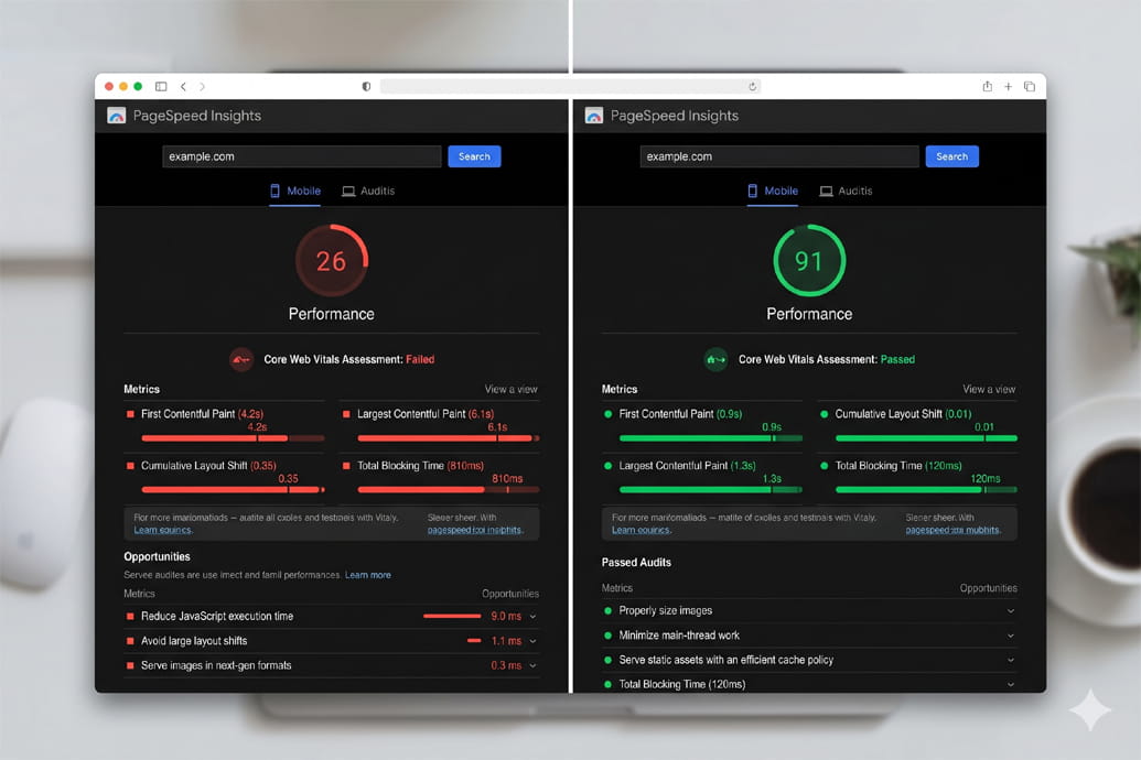 5 Errores Destructivos en tu Web Lenta omparativa de auditoría de rendimiento en Google PageSpeed Insights con puntuación baja en rojo y optimizada en verde